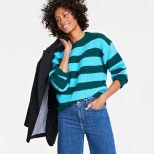 On 34th Shaker Crewneck Stripe Sweater Chunky Knit Green Blue Plus Size 2X
